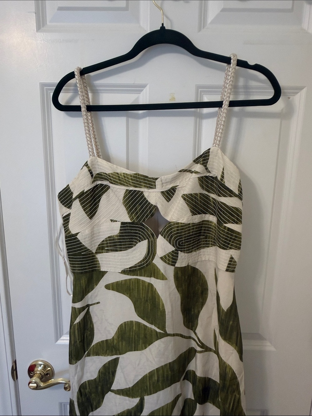 ANTONIO MELANI Olive Green Leaf Print Cream MIDI Dress 10 - Picture 4 of 5